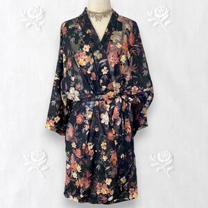L.A Intimates Vintage Whimsygoth Black Multi Floral Mesh Kimono Robe L